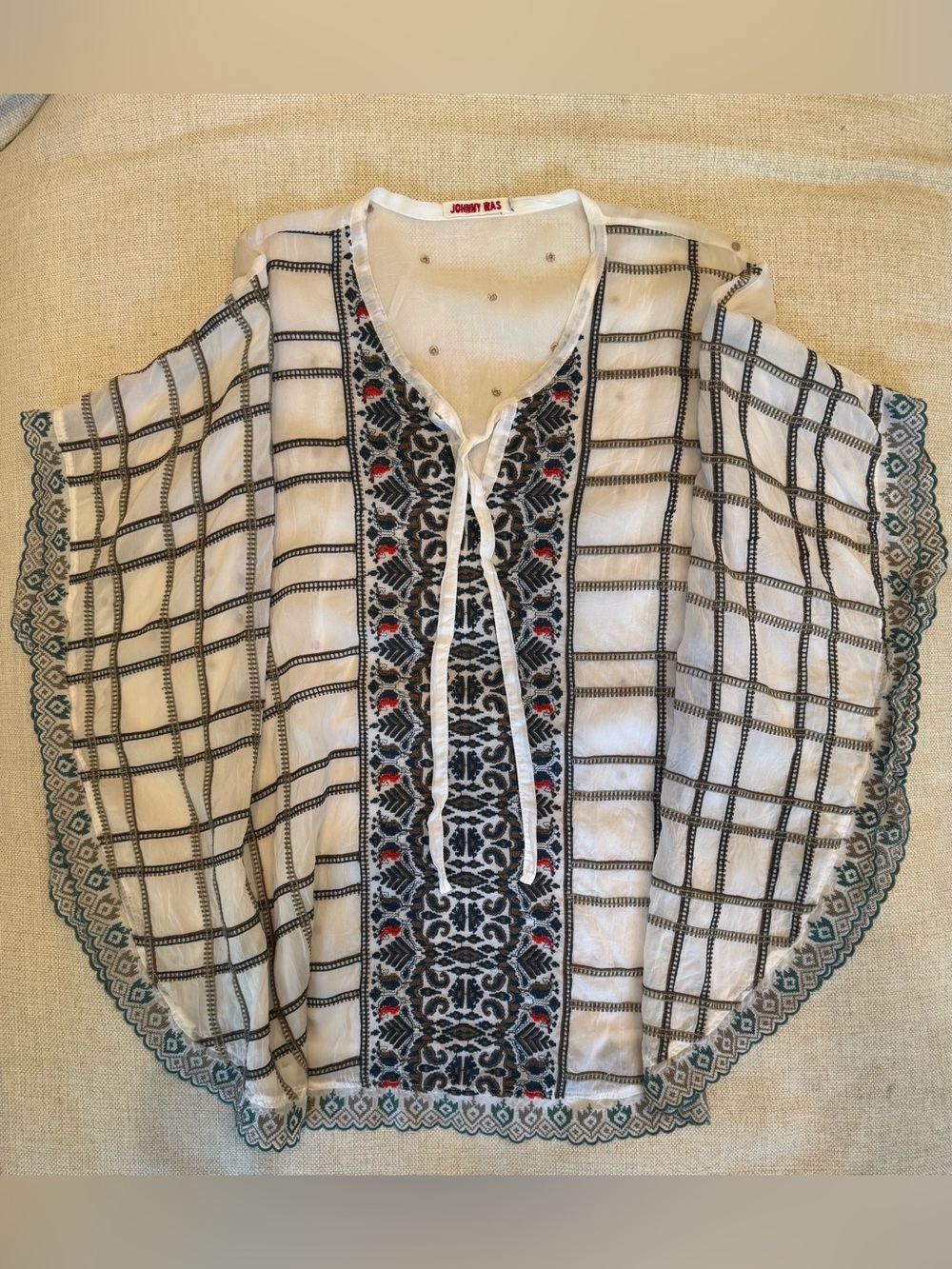 JOHNNY WAS White Peasant Tunic with Black, Teal & Red Embroidery